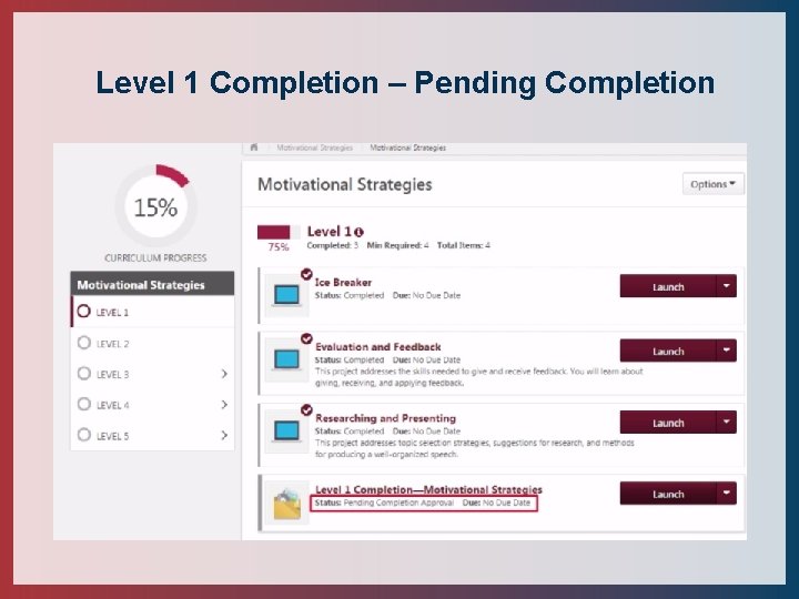 Level 1 Completion – Pending Completion 