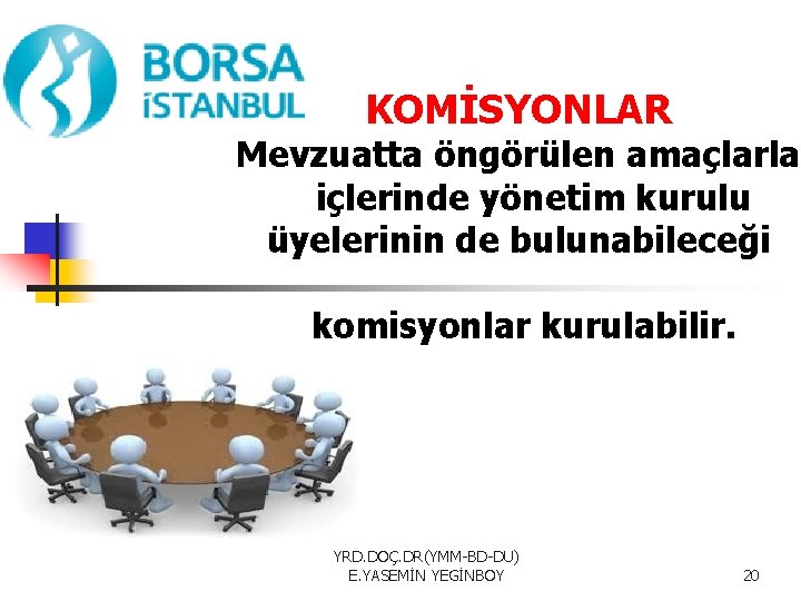 KOMİSYONLAR Mevzuatta öngörülen amaçlarla içlerinde yönetim kurulu üyelerinin de bulunabileceği komisyonlar kurulabilir. YRD. DOÇ.