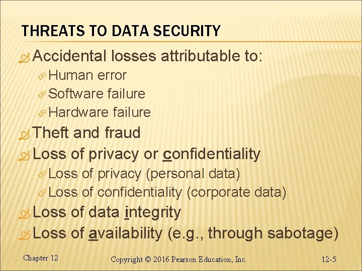 THREATS TO DATA SECURITY Accidental losses attributable to: Human error Software failure Hardware failure