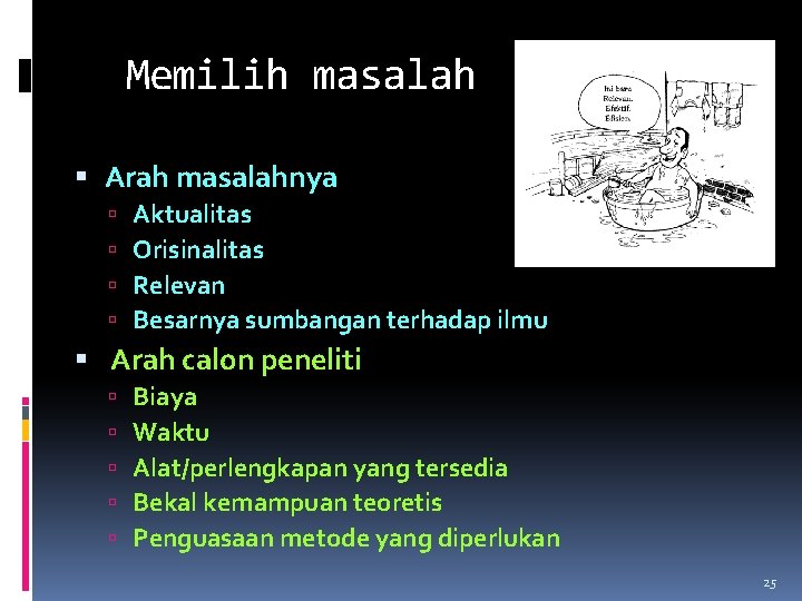 Memilih masalah Arah masalahnya Aktualitas Orisinalitas Relevan Besarnya sumbangan terhadap ilmu Arah calon peneliti