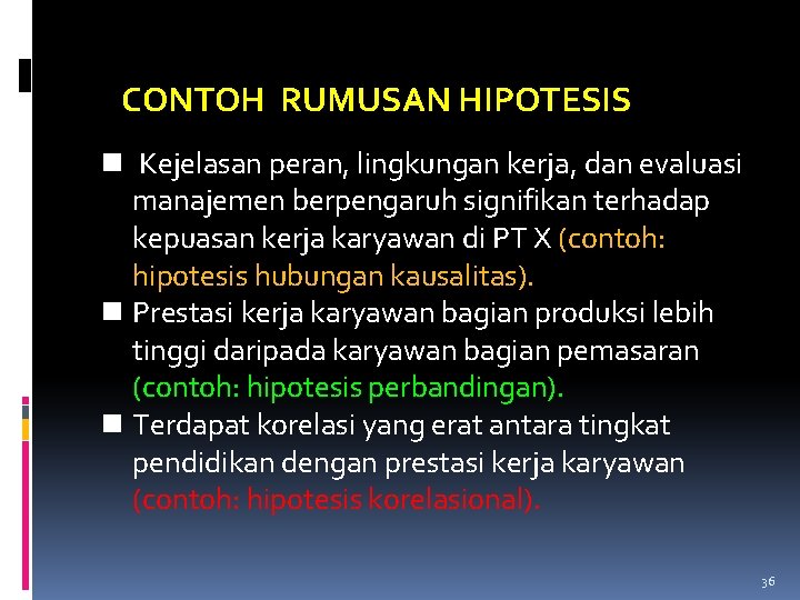 CONTOH RUMUSAN HIPOTESIS n Kejelasan peran, lingkungan kerja, dan evaluasi manajemen berpengaruh signifikan terhadap