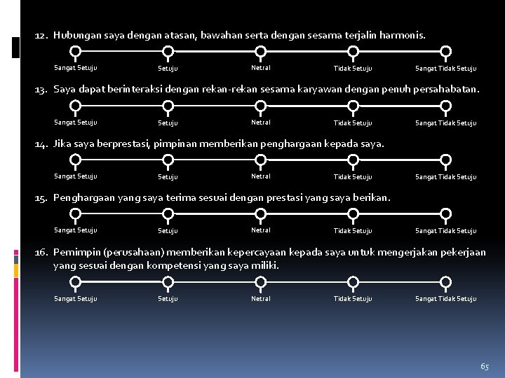 12. Hubungan saya dengan atasan, bawahan serta dengan sesama terjalin harmonis. Sangat Setuju Netral