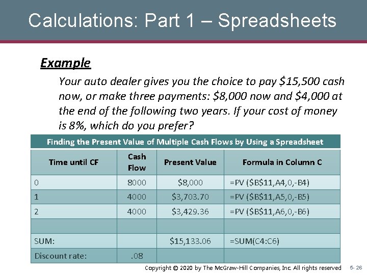 Calculations: Part 1 – Spreadsheets Example Your auto dealer gives you the choice to Calculations: Part 1 – Spreadsheets Example Your auto dealer gives you the choice to