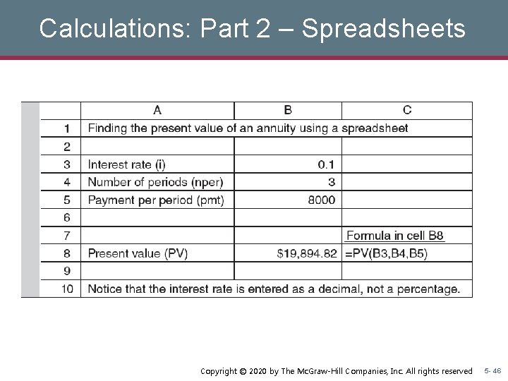 Calculations: Part 2 – Spreadsheets Copyright © 2020 by The Mc. Graw-Hill Companies, Inc. Calculations: Part 2 – Spreadsheets Copyright © 2020 by The Mc. Graw-Hill Companies, Inc.
