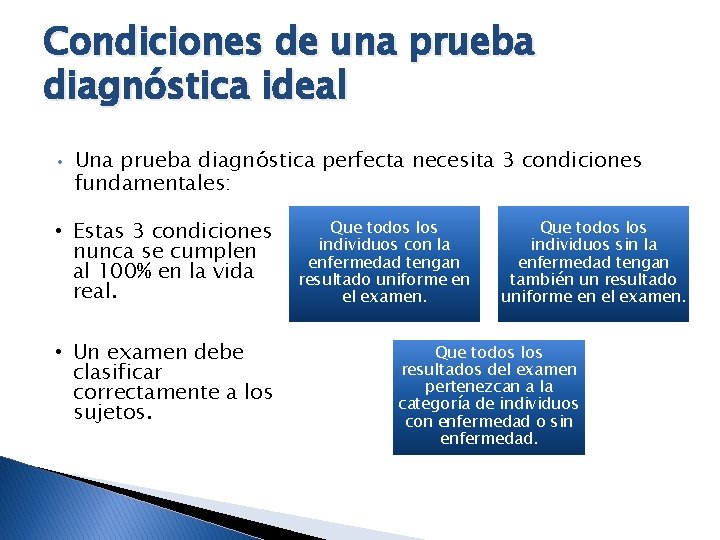 Condiciones de una prueba diagnóstica ideal • Una prueba diagnóstica perfecta necesita 3 condiciones
