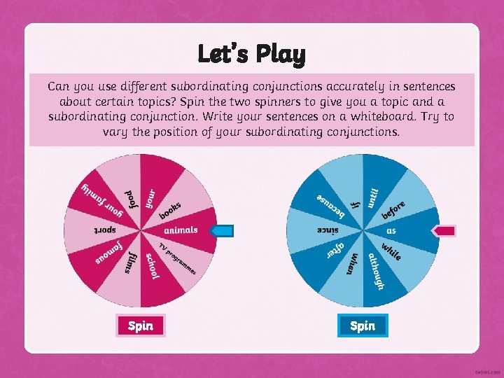 Let’s Play Can you use different subordinating conjunctions accurately in sentences about certain topics?