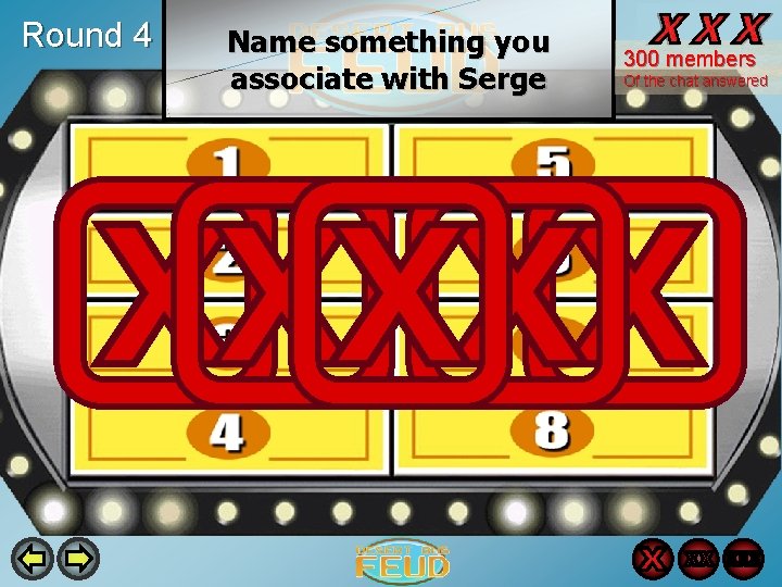 Round 4 Name something you associate with Serge 300 members Of the chat answered