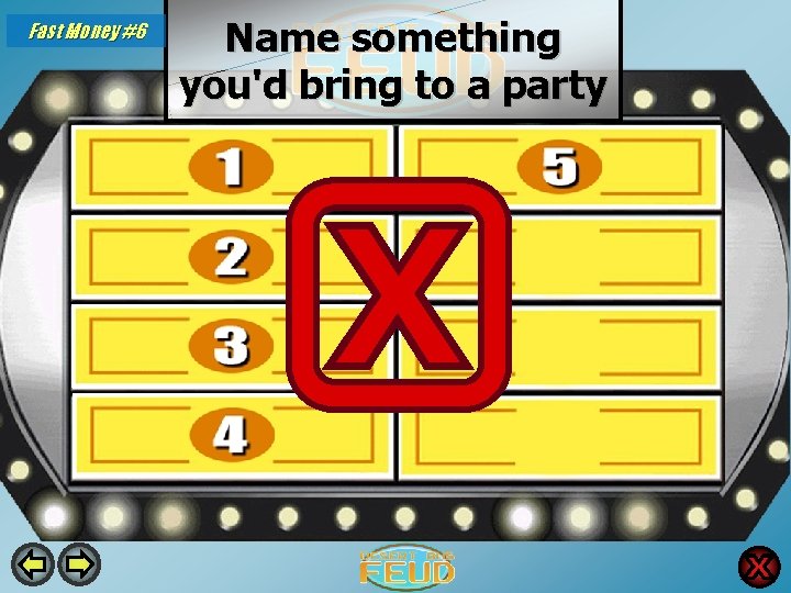 Fast Money #6 Name something you'd bring to a party Beer/booze 31 Wine 28