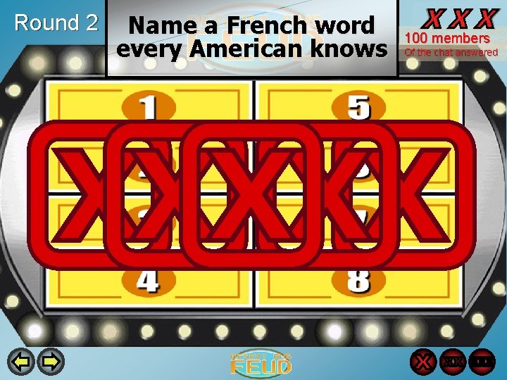 Round 2 Name a French word every American knows Croissant 100 members Of the