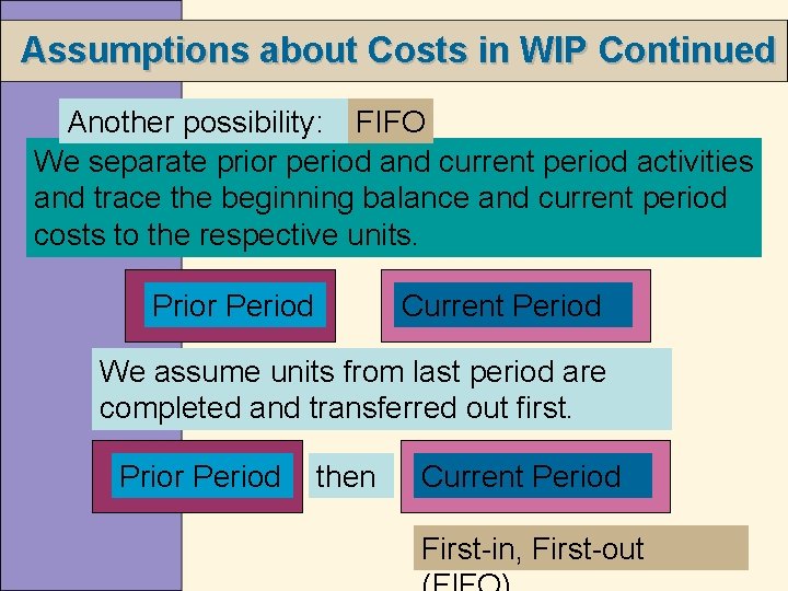 Assumptions about Costs in WIP Continued Another possibility: FIFO We separate prior period and