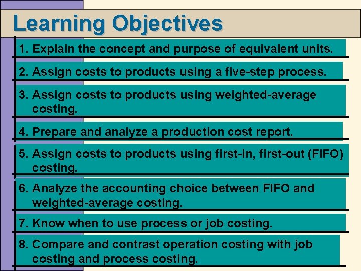 Learning Objectives 1. Explain the concept and purpose of equivalent units. 2. Assign costs