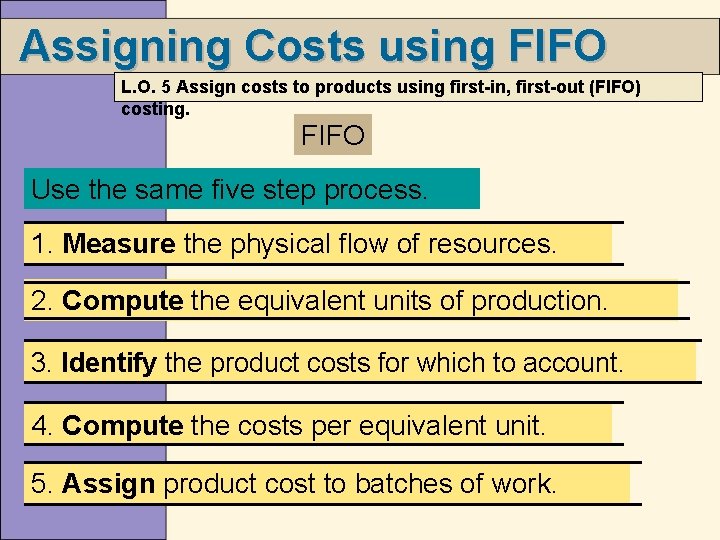 Assigning Costs using FIFO L. O. 5 Assign costs to products using first-in, first-out