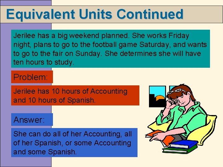 Equivalent Units Continued Jerilee has a big weekend planned. She works Friday night, plans