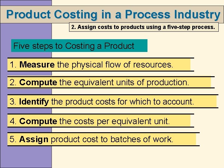 Product Costing in a Process Industry 2. Assign costs to products using a five-step