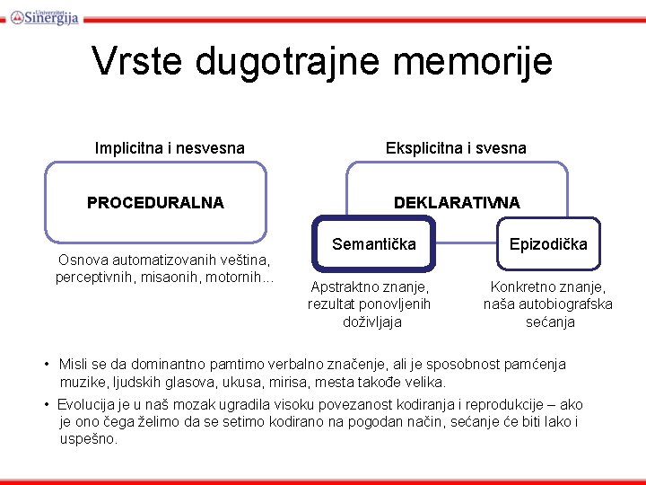 Vrste dugotrajne memorije Implicitna i nesvesna PROCEDURALNA Osnova automatizovanih veština, perceptivnih, misaonih, motornih. .