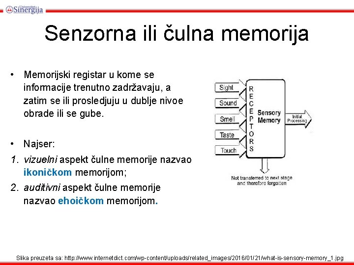 Senzorna ili čulna memorija • Memorijski registar u kome se informacije trenutno zadržavaju, a