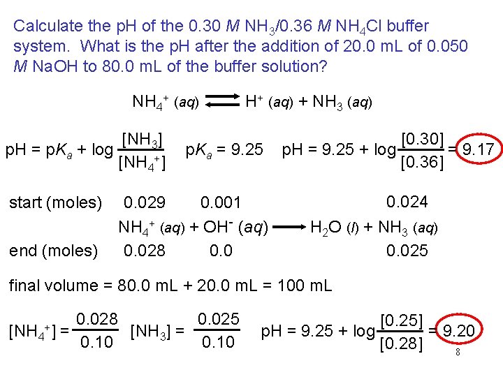 Calculate the p. H of the 0. 30 M NH 3/0. 36 M NH Calculate the p. H of the 0. 30 M NH 3/0. 36 M NH