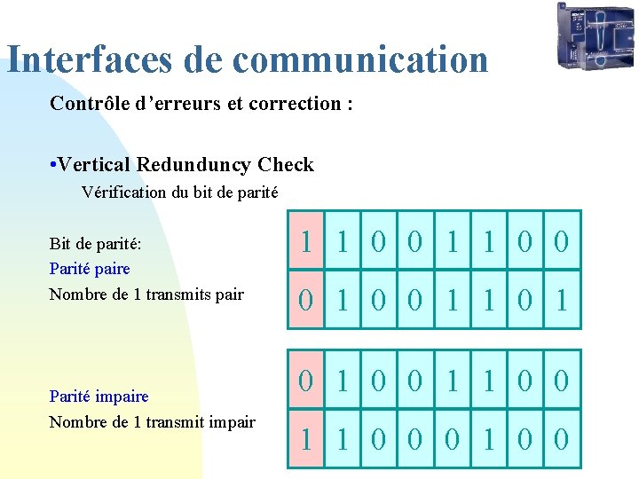 Interfaces de communication Contrôle d’erreurs et correction : • Vertical Redunduncy Check Vérification du