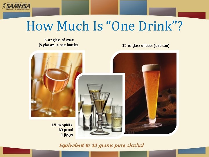 How Much Is “One Drink”? 5 -oz glass of wine (5 glasses in one
