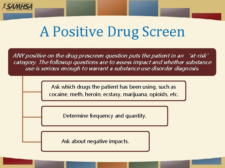 A Positive Drug Screen ANY positive on the drug prescreen question puts the patient