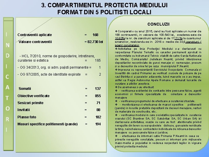 3. COMPARTIMENTUL PROTECTIA MEDIULUI FORMAT DIN 5 POLITISTI LOCALI CONCLUZII I N D I