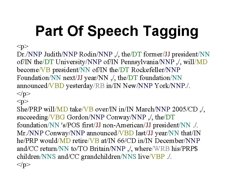 Part Of Speech Tagging <p> Dr. /NNP Judith/NNP Rodin/NNP , /, the/DT former/JJ president/NN