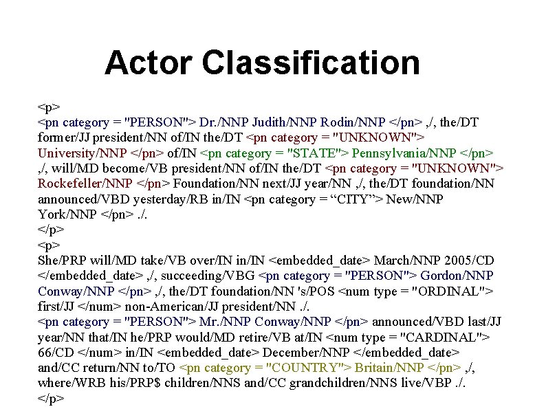 Actor Classification <p> <pn category = "PERSON"> Dr. /NNP Judith/NNP Rodin/NNP </pn> , /,