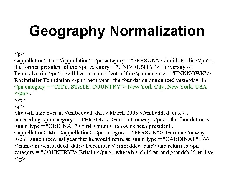 Geography Normalization <p> <appellation> Dr. </appellation> <pn category = "PERSON"> Judith Rodin </pn> ,