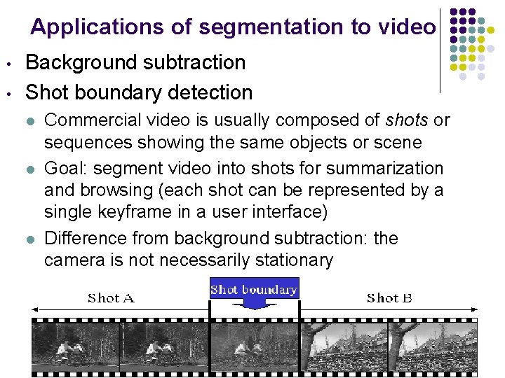 Applications of segmentation to video • • Background subtraction Shot boundary detection l l