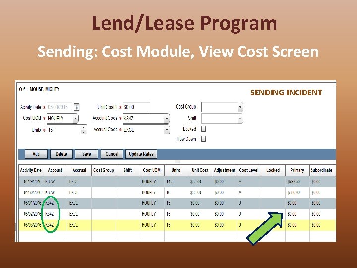 Lend/Lease Program Sending: Cost Module, View Cost Screen SENDING INCIDENT 