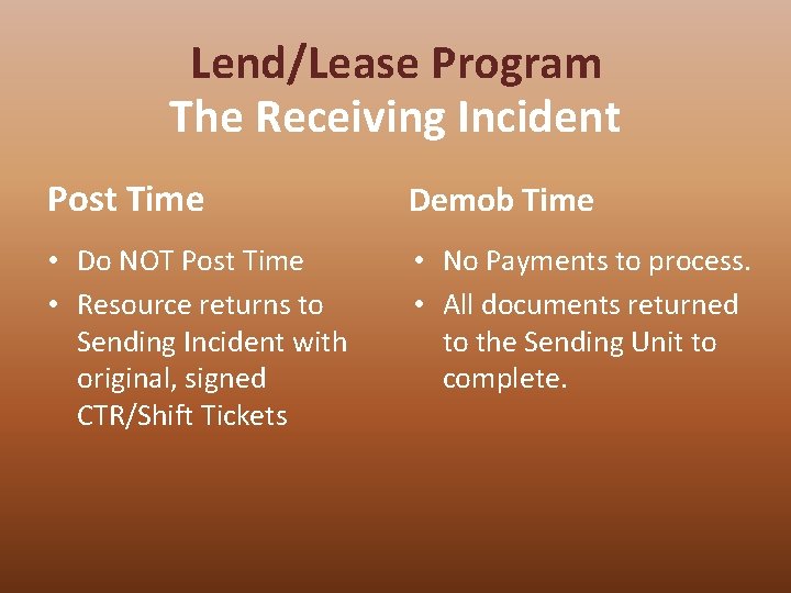 Lend/Lease Program The Receiving Incident Post Time Demob Time • Do NOT Post Time