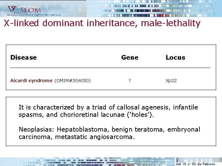 X-linked dominant inheritance, male-lethality Disease Gene Locus __________________________ Aicardi syndrome (OMIM#304050) ? Xp 22
