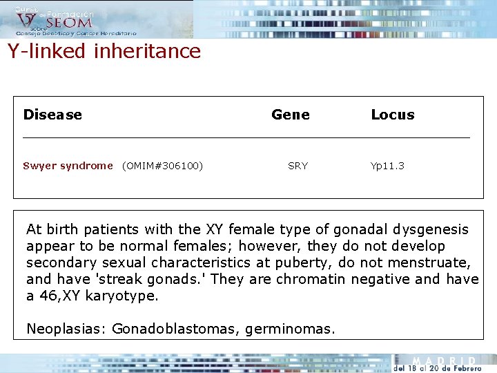 Y-linked inheritance Disease Gene Locus __________________________ Swyer syndrome (OMIM#306100) SRY Yp 11. 3 At