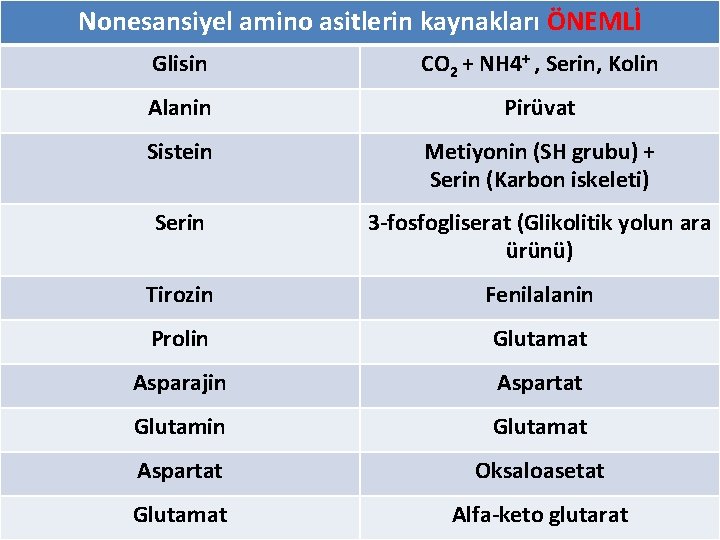 Nonesansiyel amino asitlerin kaynakları ÖNEMLİ Glisin CO 2 + NH 4+ , Serin, Kolin