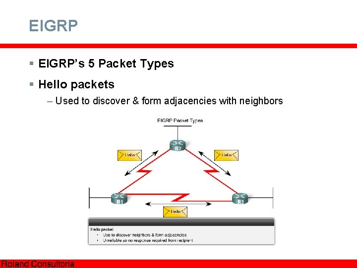 EIGRP § EIGRP’s 5 Packet Types § Hello packets – Used to discover &