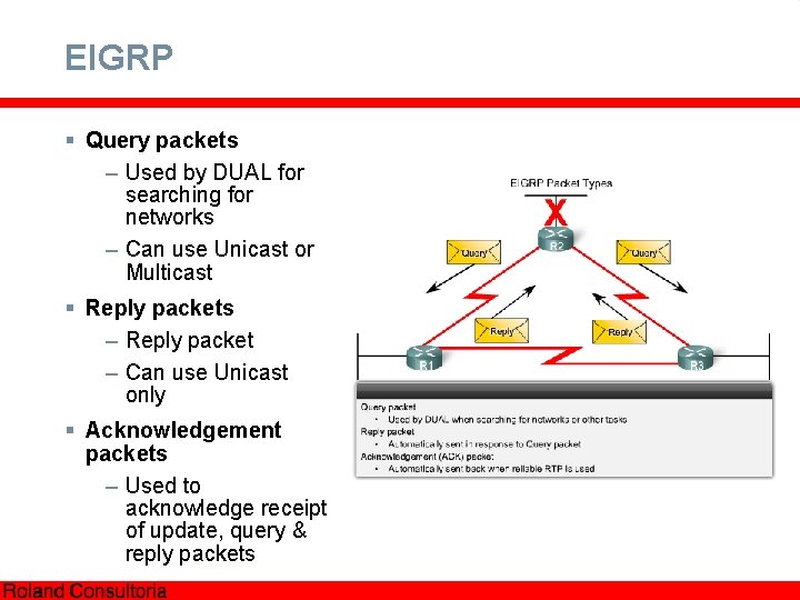 EIGRP § Query packets – Used by DUAL for searching for networks – Can