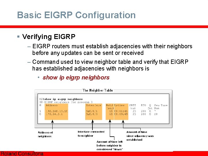 Basic EIGRP Configuration § Verifying EIGRP – EIGRP routers must establish adjacencies with their