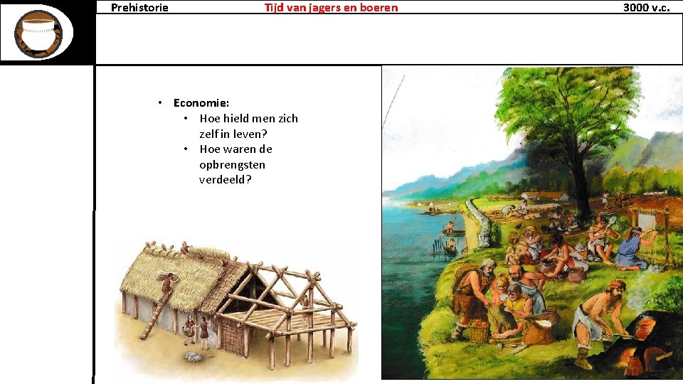 Prehistorie Tijd van jagers en boeren • Economie: • Hoe hield men zich zelf
