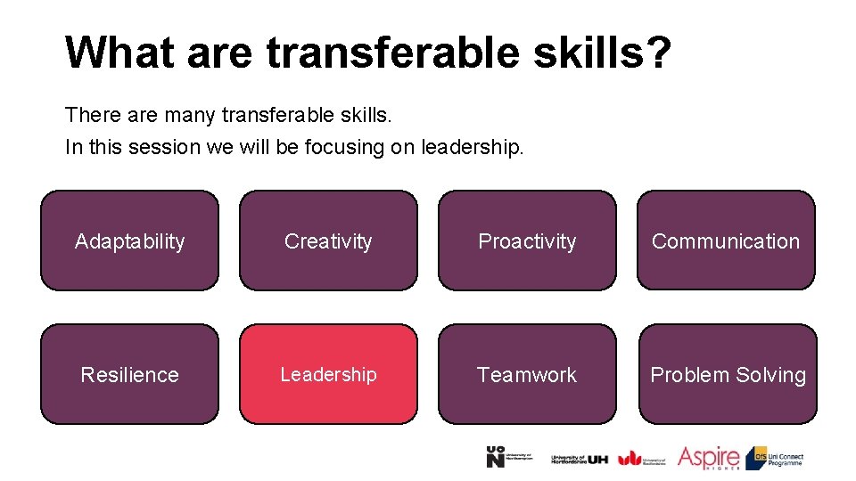 What are transferable skills? There are many transferable skills. In this session we will