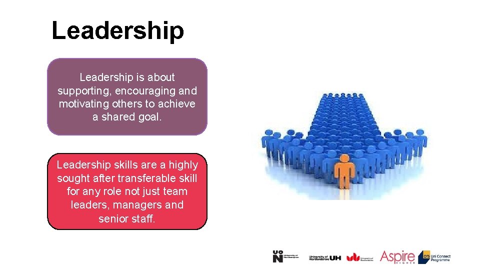 Leadership is about supporting, encouraging and motivating others to achieve a shared goal. Leadership