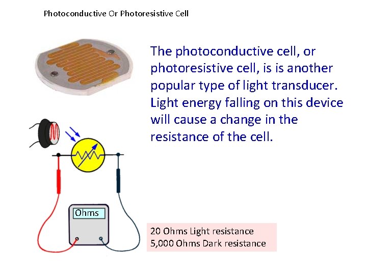 Photoconductive Or Photoresistive Cell The photoconductive cell, or photoresistive cell, is is another popular Photoconductive Or Photoresistive Cell The photoconductive cell, or photoresistive cell, is is another popular