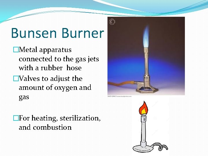 Bunsen Burner �Metal apparatus connected to the gas jets with a rubber hose �Valves