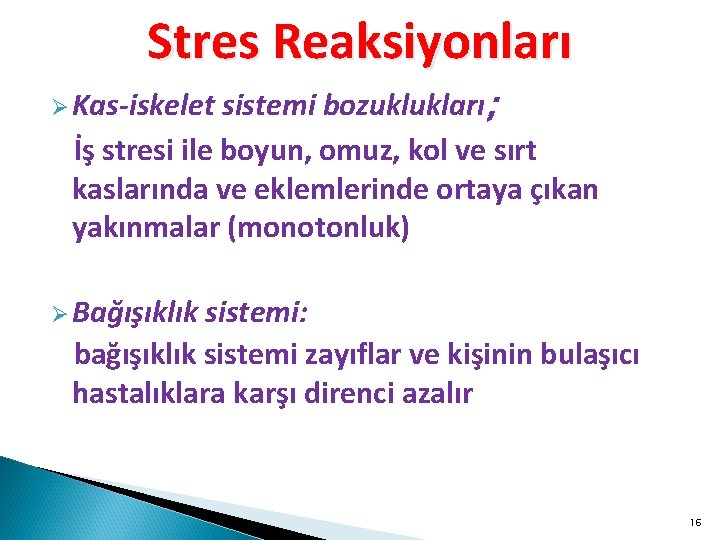 Stres Reaksiyonları sistemi bozuklukları; İş stresi ile boyun, omuz, kol ve sırt kaslarında ve
