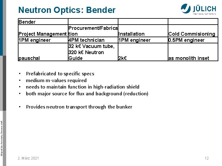 Neutron Optics: Bender Procurement/Fabrica Project Management tion Installation 1 PM engineer 4 PM technician