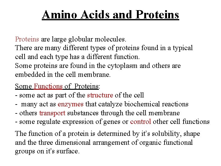 Amino Acids and Proteins are large globular molecules. There are many different types of