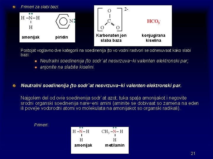 Primeri za slabi bazi: amonijak Karbonaten jon slaba baza piridin konjugirana kiselina Postojat voglavno