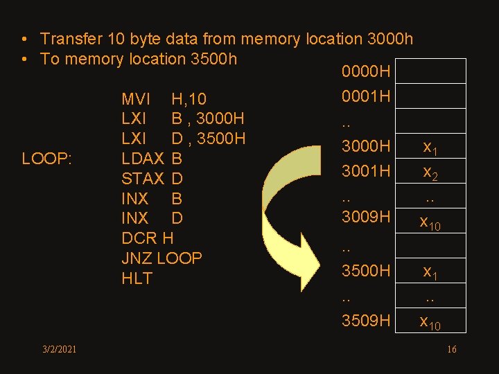  • Transfer 10 byte data from memory location 3000 h • To memory