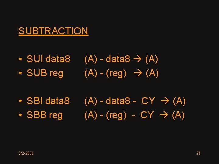 SUBTRACTION • SUI data 8 • SUB reg (A) - data 8 (A) -