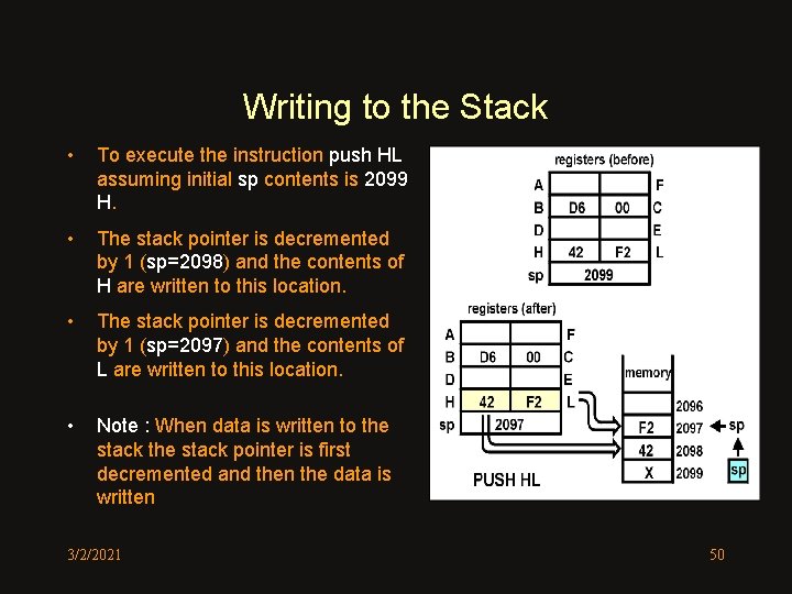 Writing to the Stack • To execute the instruction push HL assuming initial sp