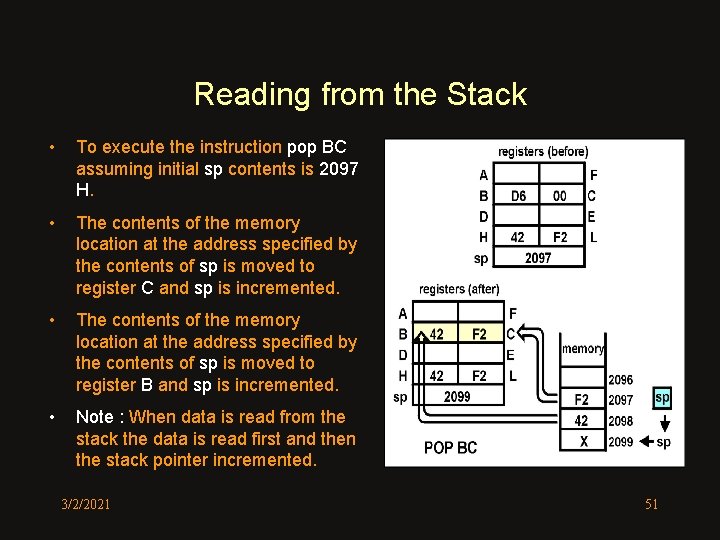 Reading from the Stack • To execute the instruction pop BC assuming initial sp